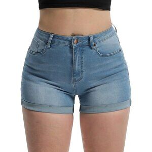 Watermark Lightblue High Waisted Summer Elastic Folded Denim Shorts for Women